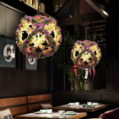 Pink 3 Heads Chandelier Lamp Antique Hemp Rope Sphere LED Flower Down Lighting Pendant for Restaurant
