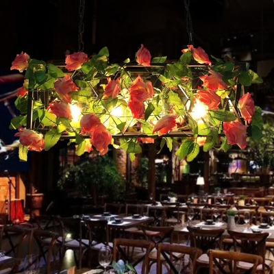 Rectangle Restaurant Island Ceiling Light Retro Metal 4 Heads Black LED Drop Lamp with Rose Decor