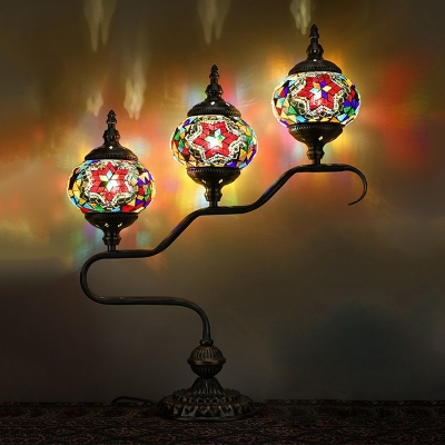 Stained Glass Tower Night Lamp with Step Design Mediterranean 3 Heads Bedroom Table Light in Red/Orange/Blue