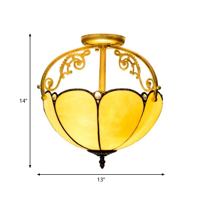 Tiffany Scalloped Semi Flush Light Fixture 2 Lights Stained Glass Ceiling Lighting in Yellow