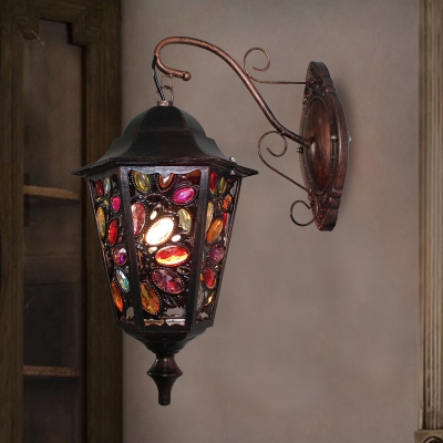 Traditional Lantern Wall Lighting Metal 1 Head Sconce Light Fixture in Black with Circle/Floral Crystal Deco