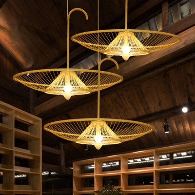 Umbrella Bamboo Ceiling Lamp Asian 1 Bulb Beige Hanging Pendant Light for Restaurant