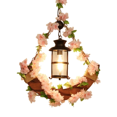 Wooden Pink/Green Hanging Light Lantern 1 Light Industrial LED Ceiling Lamp with Plant/Cherry Blossom for Restaurant