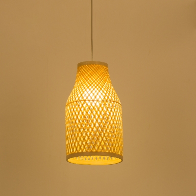 1 Bulb Teahouse Ceiling Lamp Asian Wood Pendant Light Fixture with Handmade Bamboo Shade