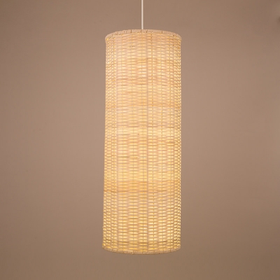 1 Head Cylindrical Pendant Lighting Japanese Bamboo Ceiling Suspension Lamp in Beige