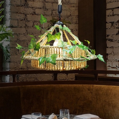 1 Head Hemp Rope Pendant Lamp Antique Yellow Conical Restaurant LED Down Lighting with Plant Decoration