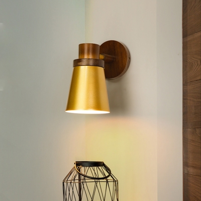 1 Head Tapered Sconce Light Modernism Metal Wall Lighting Fixture in Gold with Circle Wood Backplate