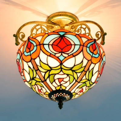 2/3 Lights Peach Semi Mount Lighting Victorian Red Stained Glass Ceiling Mounted Light Fixture