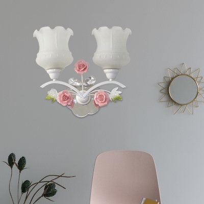 2 Bulbs Wall Sconce Lighting Traditional Floral White Glass LED Wall Light Fixture