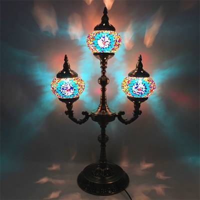 3 Bulbs Nightstand Light with Trident Design Art Deco Ball Stained Glass Shade Night Table Lamp in Blue/Beige/Orange