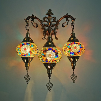 3 Heads Oval Wall Mount Lighting Vintage Style White/Red/Yellow Stained Glass Sconce Lamp Fixture