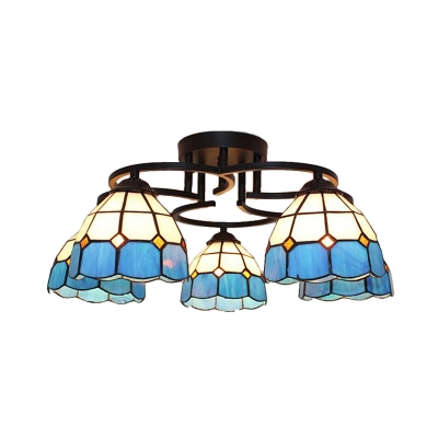 5 Lights Bedroom Semi Flush Mount Tiffany Blue/Green Ceiling Lighting with Dome Stained Glass Shade