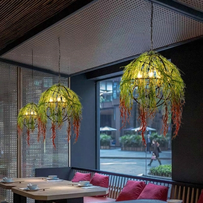 5 Lights Metal Ceiling Chandelier Retro Green Ball Restaurant LED Plant Down Lighting