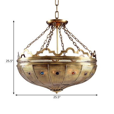 6 Heads Bowl Chandelier Lighting Antiqued Brass Metal Hanging Lamp with Chain for Bedroom