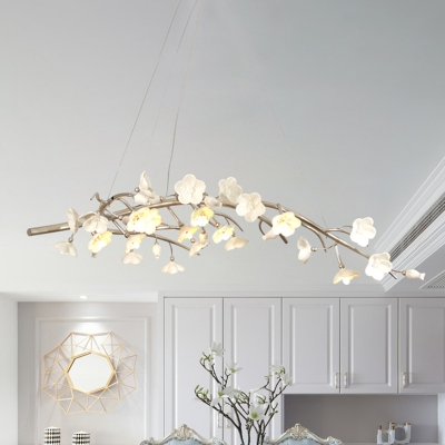 9 Bulbs Iron Hanging Chandelier Vintage Silver Branch Bedroom Pendant Lighting Fixture with Porcelain Flower Decor