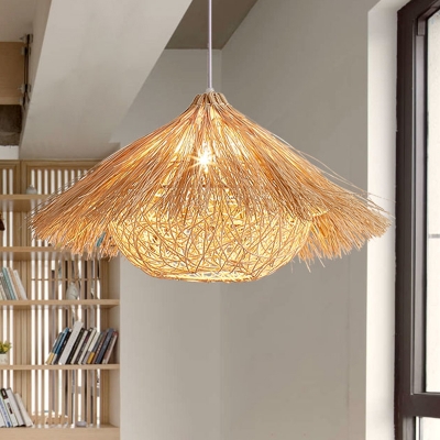 Asia 1 Bulb Pendant Lighting Flaxen Flared Hanging Light Fixture with Rattan Shade