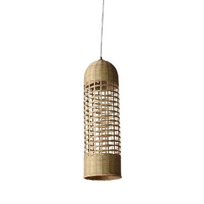Bamboo Cylindrical Pendant Light Japanese 1 Head Ceiling Suspension Lamp in Beige