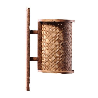 Bamboo Cylindrical Wall Lamp Asia 1 Head Sconce Light Fixture in Brown with Rectangular Backplate