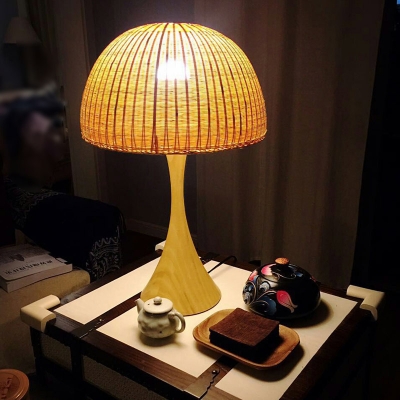 Bamboo Domed Desk Lamp Chinese 1 Head Task Lighting in Beige with Trumpet Wood Base