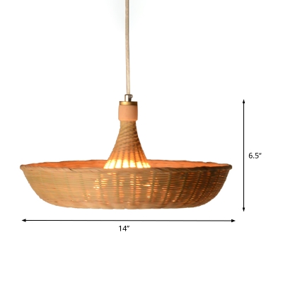 Bamboo Hand-Worked Down Lighting Chinese 1 Bulb Ceiling Suspension Lamp in Flaxen