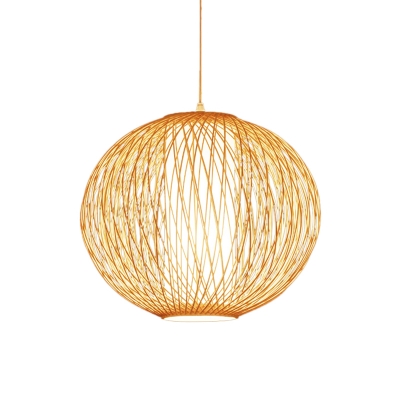 Beige Globe Pendant Lamp Asia 1 Head Bamboo Hanging Light Fixture with Inner Cylinder White Fabric Shade