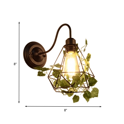 Black 1 Head Wall Light Antique Metal Diamond/Globe/Square LED Wall Sconce with Plant Decoration for Restaurant