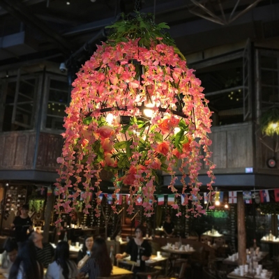 Blossom Restaurant Chandelier Lighting Fixture Industrial Metal 3 Bulbs Pink LED Drop Lamp