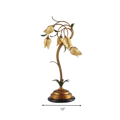 Brass Blossom LED Table Lamp Vintage Amber Glass 5 Lights Study Room Nightstand Light