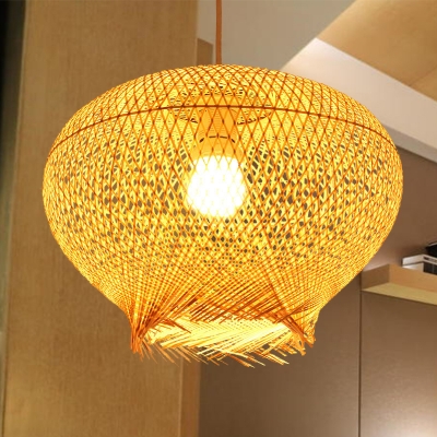 Chinese 1 Head Hanging Light Beige Lantern Pendant Lighting Fixture with Bamboo Shade