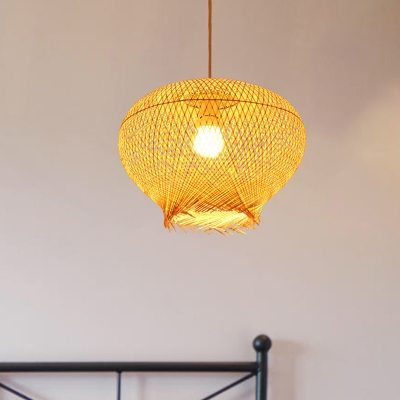 Chinese 1 Head Hanging Light Beige Lantern Pendant Lighting Fixture with Bamboo Shade