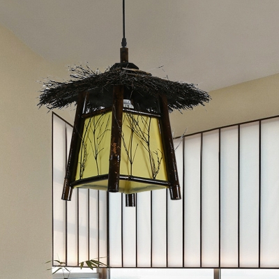 Chinese 1 Head Hanging Light Black House Ceiling Suspension Lamp with Wood Shade