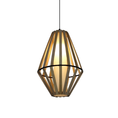 Conical Wood Ceiling Light Japanese 1 Head Brown Pendant Lighting Fixture with Inner Tube White Shade