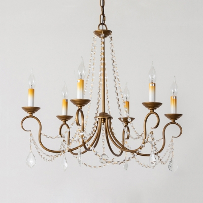 Countryside Candelabra Chandelier Light 6/9 Lights Metal Pendant Lamp in Brass with Crystal Accent