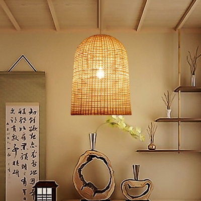 Elongated Dome Ceiling Light Chinese Bamboo 1 Bulb Pendant Lighting Fixture in Beige