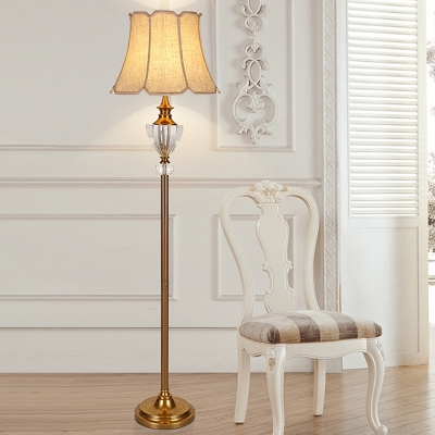 Fabric Paneled Bell Floor Light Classic 1 Head Living Room Stand Up Lamp in Beige with Faceted Crystal Accent