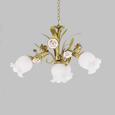 Floral Cream Glass Chandelier Light Traditionalism 4/7/9 Bulbs Bedroom LED Pendant Lamp in Green