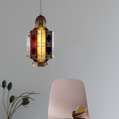 Geometric Coffee House Chandelier Traditional Brass Colorful Glass 3 Bulbs Pendant Lamp