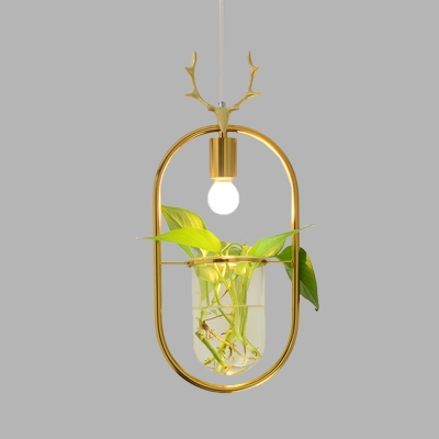Gold Oval Frame Pendant Light Kit Industrial Metal 1 Head Dining Room Suspension Lighting with Plant Deco