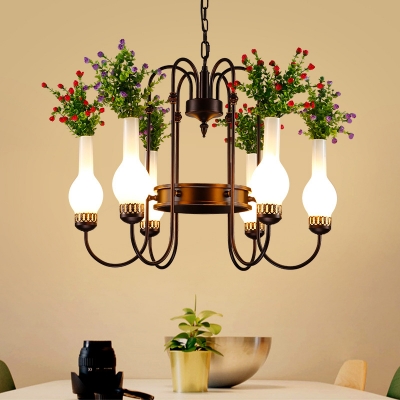 Metal Brass Chandelier Lamp Vase 6 Lights Industrial Hanging Ceiling Light with Flower Decor for Restaurant