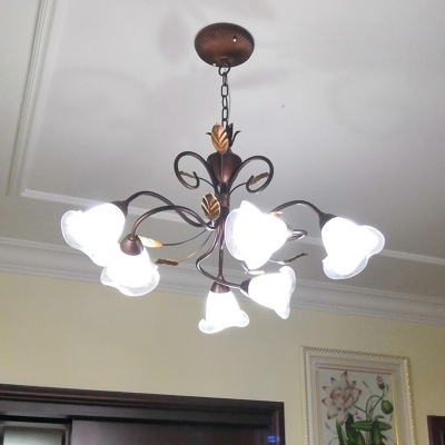 Milk Glass Brown Hanging Chandelier Bell 6 Lights Traditional Down Lighting Pendant for Living Room