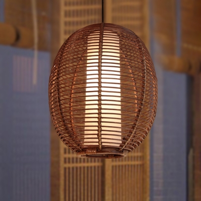 Oval Pendant Light Japanese Bamboo 1 Bulb Brown Suspended Lighting Fixture for Living Room
