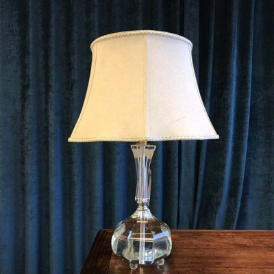 Paneled Bell Bedroom Table Light Traditionalism Fabric 1 Bulb White Night Lamp with Translucent Crystal Accent