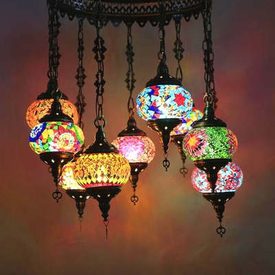 Red/Yellow/Orange 10 Heads Pendant Chandelier Traditional Stained Glass Oval Hanging Ceiling Light