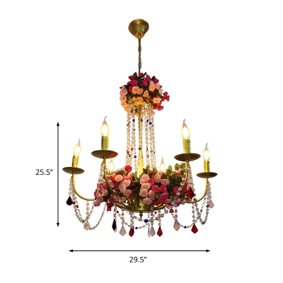 Retro Candlestick Hanging Chandelier 6 Heads Metal LED Flower Down Lighting Pendant in Gold with Crystal Accent