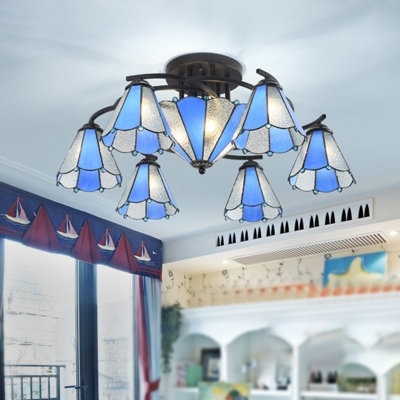 Stained Glass Conical Semi Mount Lighting Baroque 9/11 Lights Light Blue and White/Blue Ceiling Light Fixture