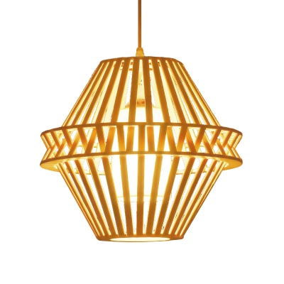 Tapered Pendant Light Asian Bamboo 1 Head Beige Ceiling Suspension Lamp, 14