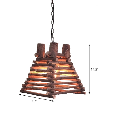 Wide Flare Pendant Light Japanese Wood 1 Bulb Suspended Lighting Fixture in Red-Brown