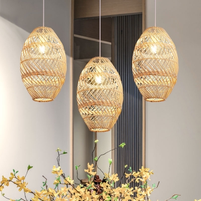 Wood Basket Ceiling Light Asian 1 Head Bamboo Pendant Lighting Fixture for Restaurant