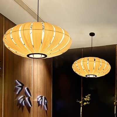 Wood Lantern Chandelier Lighting Japanese 3 Heads Hanging Pendant Light in Beige