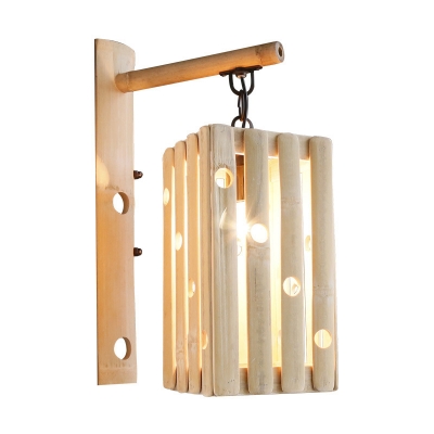 Wood Rectangle Wall Lamp Chinese 1 Bulb Beige Sconce Light Fixture with Half-Cylinder Backplate